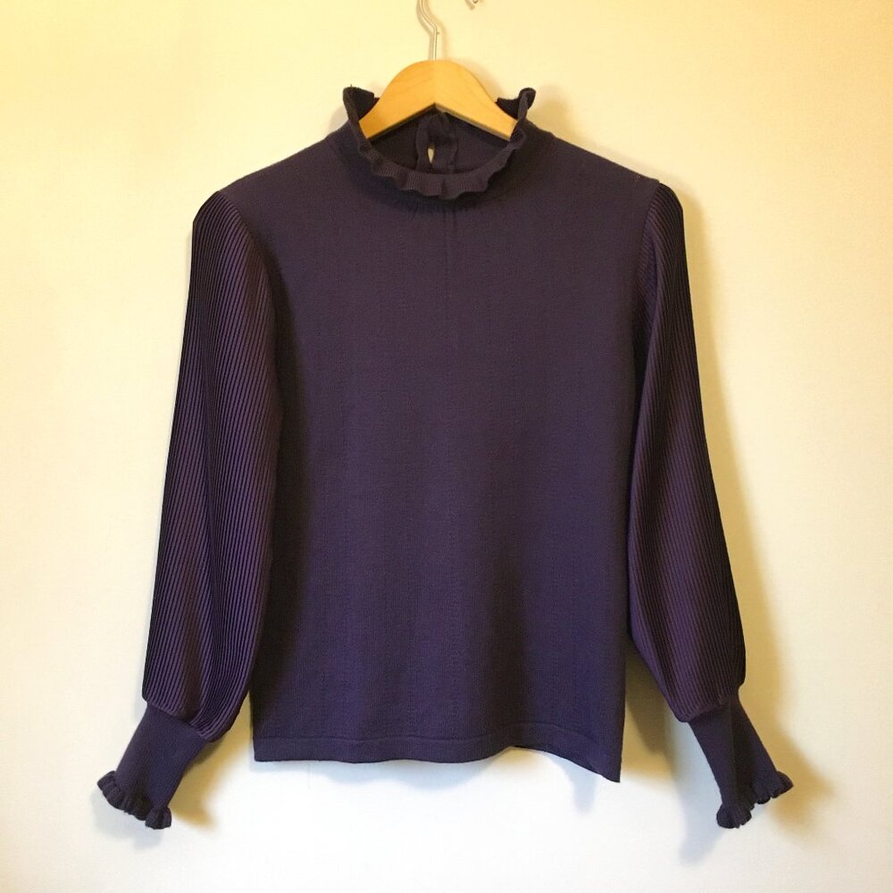 Romantic Plum Ribbed Balloon Sleeve Knit Mock Neck Frilly Sweater S